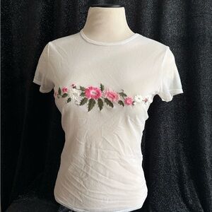 NY&CO Women’s Y2K White Mesh Top with Embroidered Pink Flowers Authentic Vintage